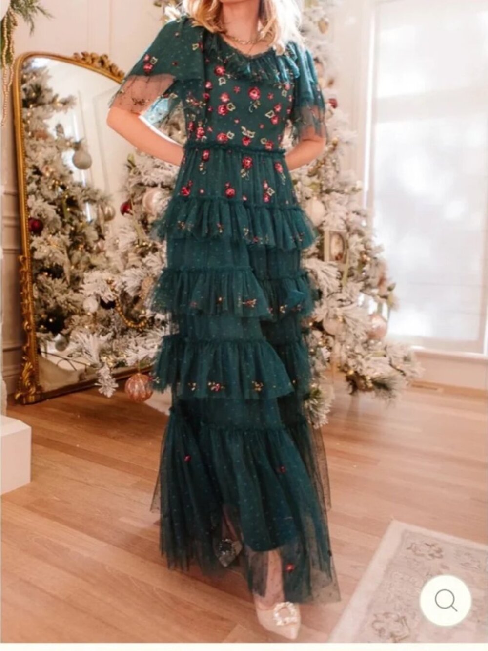 Ivy City Co Amelie Dark Green Floral Tiered Tulle Maxi Dress - Picture 2 of 7